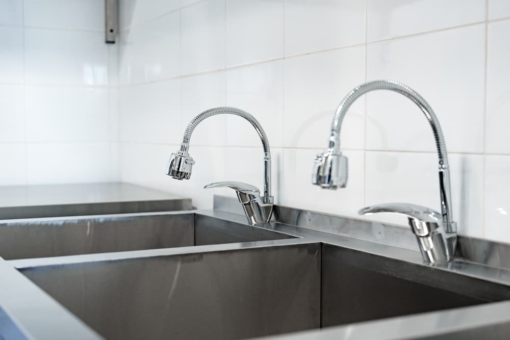 Modern dual-compartment commercial sink in a professional kitchen setting with high-efficiency faucets.